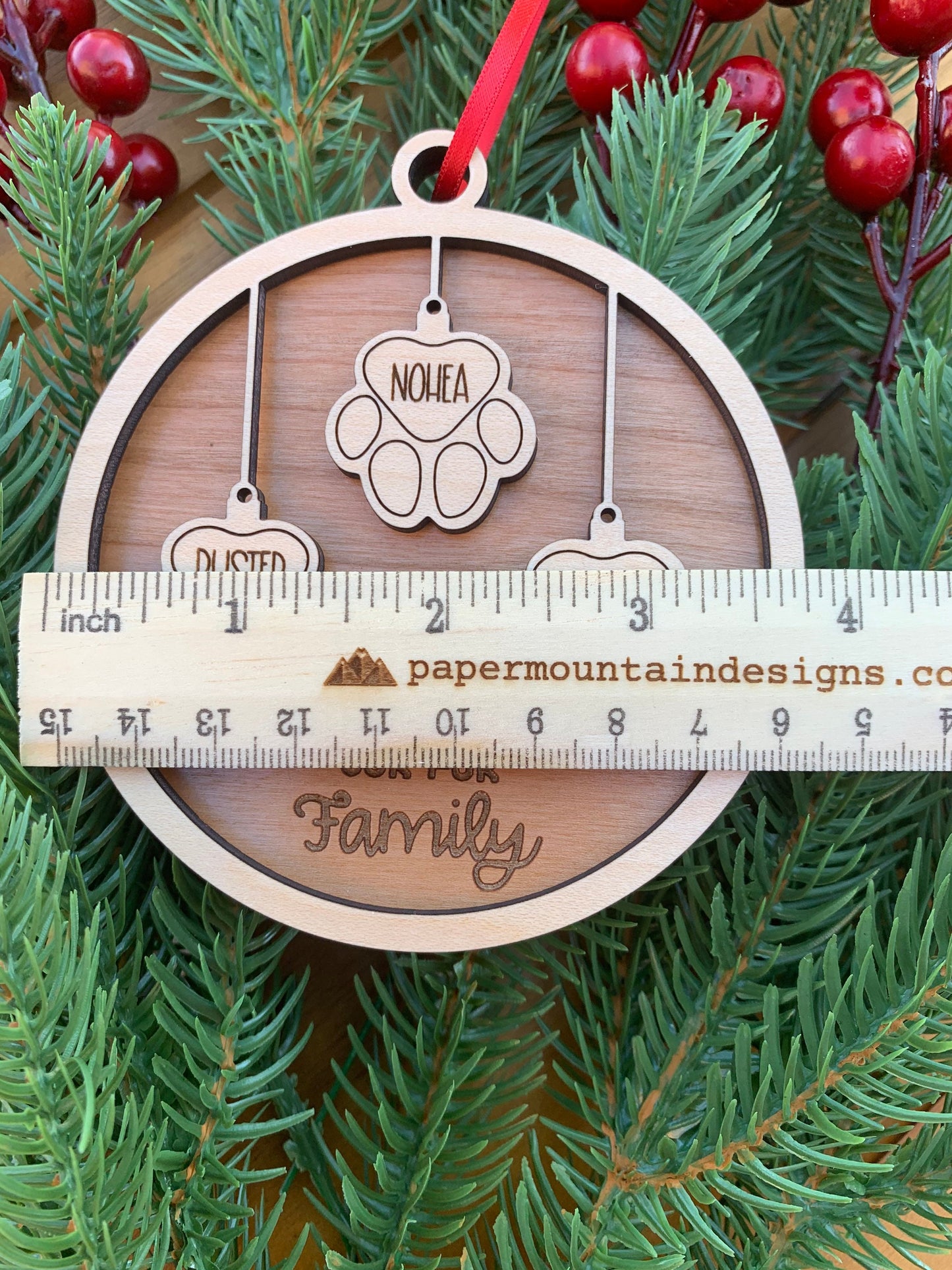 Our Fur Family Ornament, Up to 8 names, Christmas Ornament in Maple and Choice of Walnut, Cherry, Red, Green, White, or Blue - Personalized