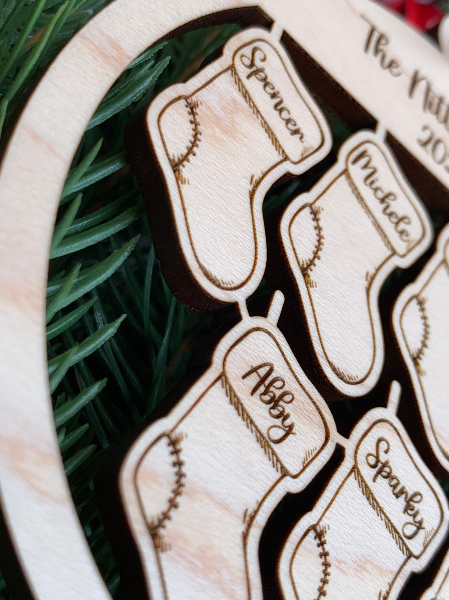 Christmas Stocking Custom Family Ornament, Personalized up to 7 names, stockings in Maple