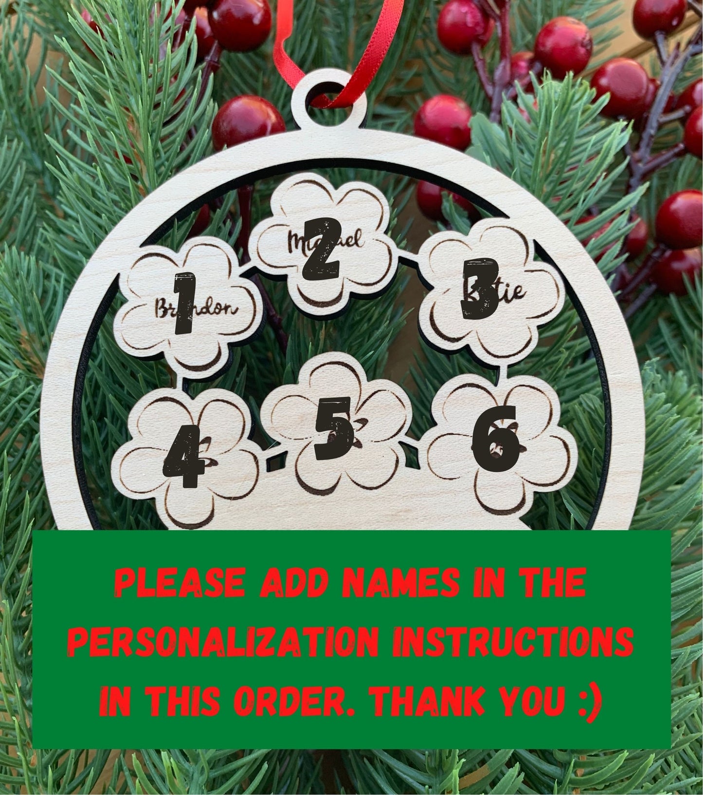 Hawaiian Lei Mele Kalikimaka Custom Year Ornament, Personalized up to 6 names in Maple