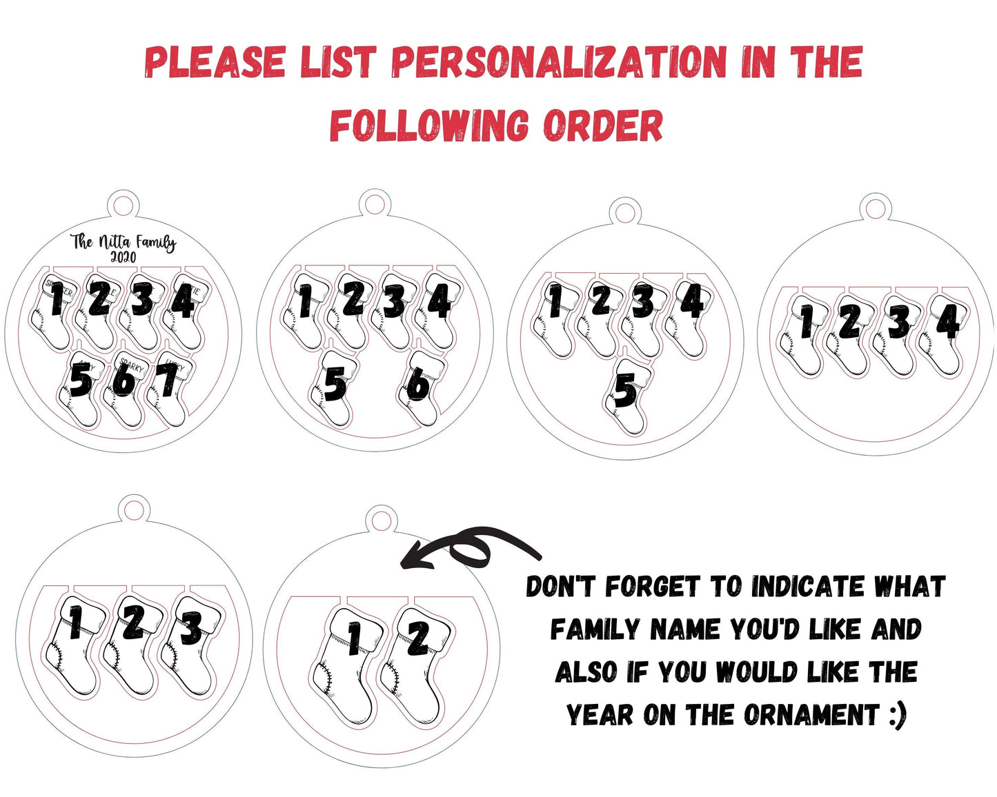 Christmas Stocking Custom Family Ornament, Personalized  up to 7 names, stockings  in Maple
