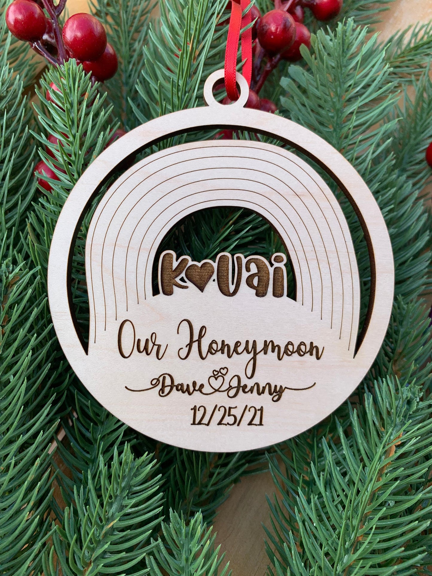 Personalized Our Honeymoon - Hawaiian Islands Ornament - Choice of Maple, Cherry, or Walnut Personalized
