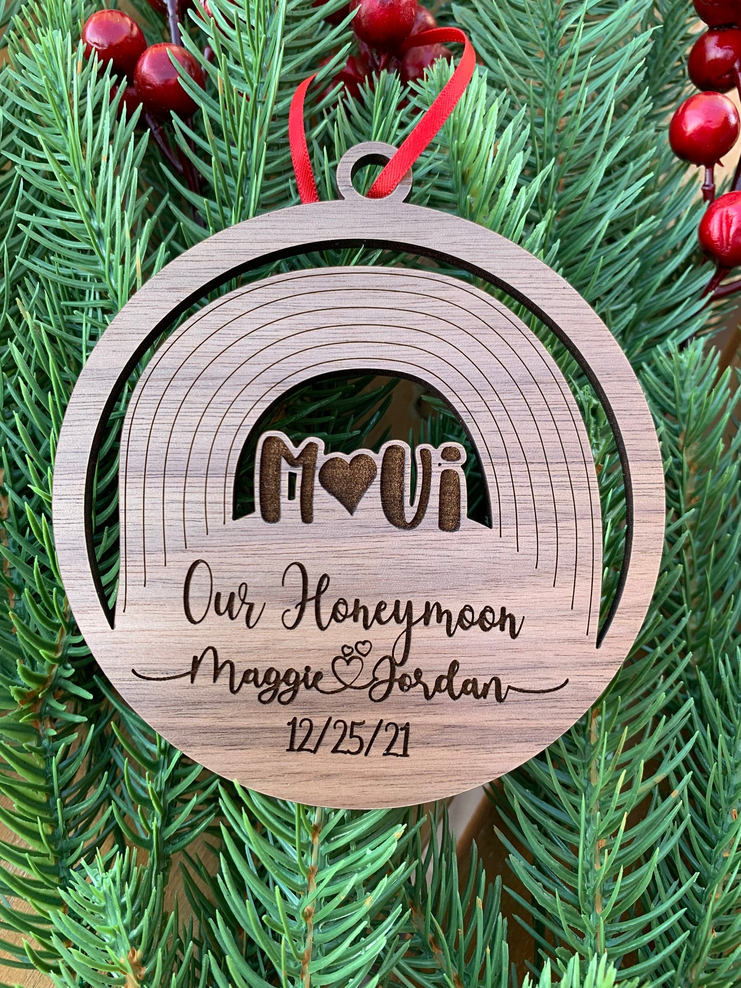 Personalized Our Honeymoon - Hawaiian Islands Ornament - Choice of Maple, Cherry, or Walnut Personalized