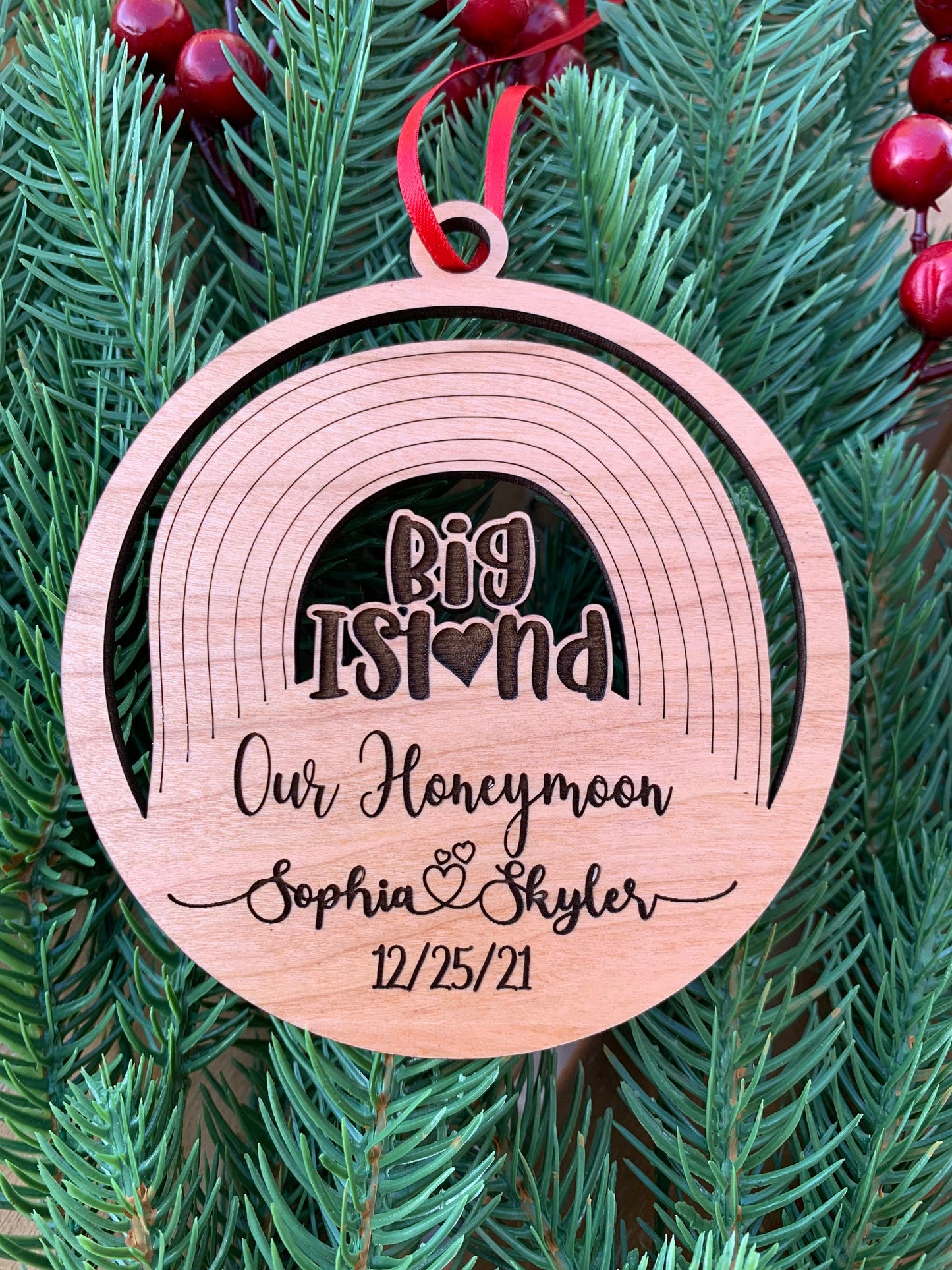 Personalized Our Honeymoon - Hawaiian Islands Ornament - Choice of Maple, Cherry, or Walnut Personalized