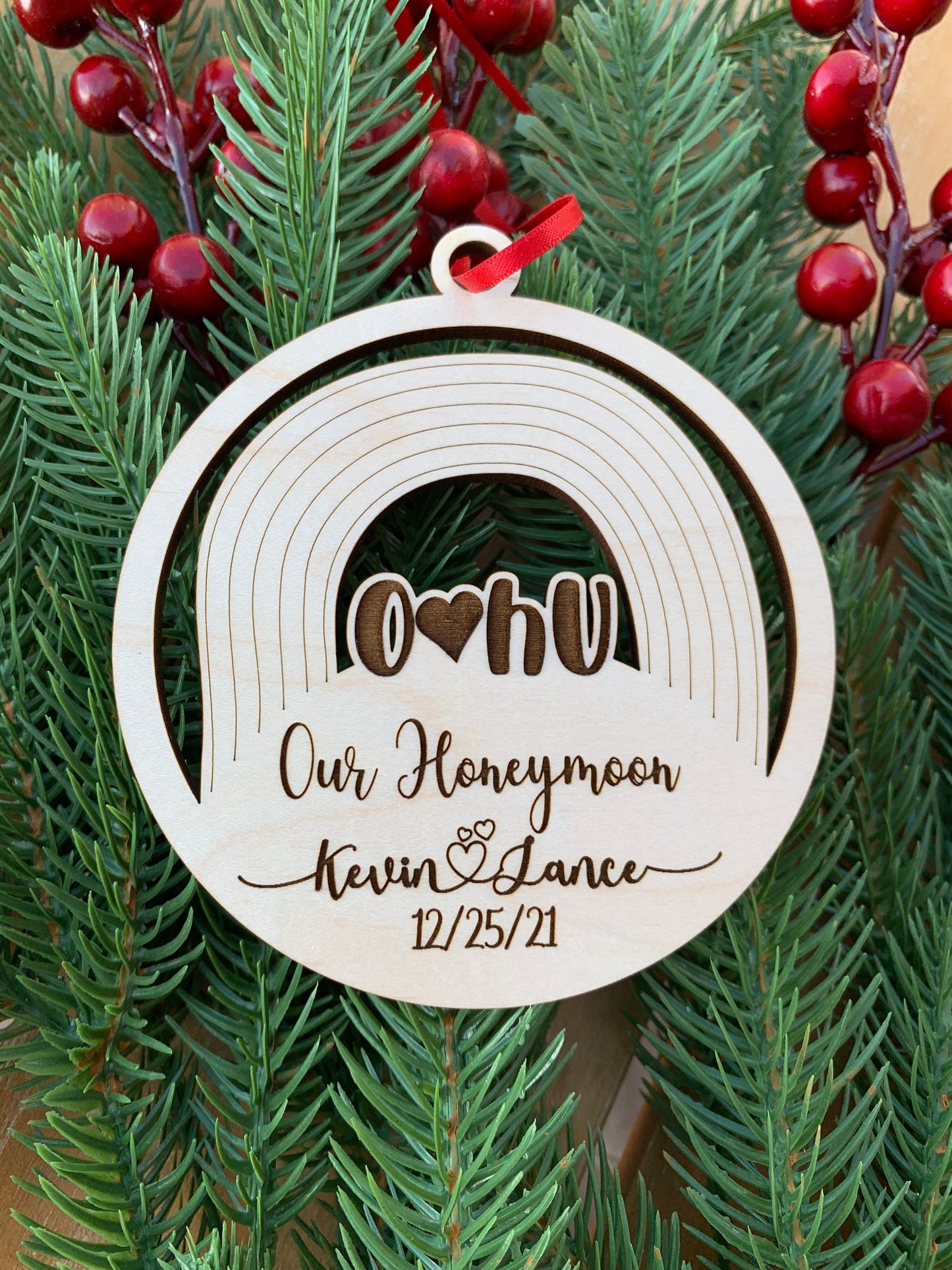 Personalized Our Honeymoon - Hawaiian Islands Ornament - Choice of Maple, Cherry, or Walnut Personalized