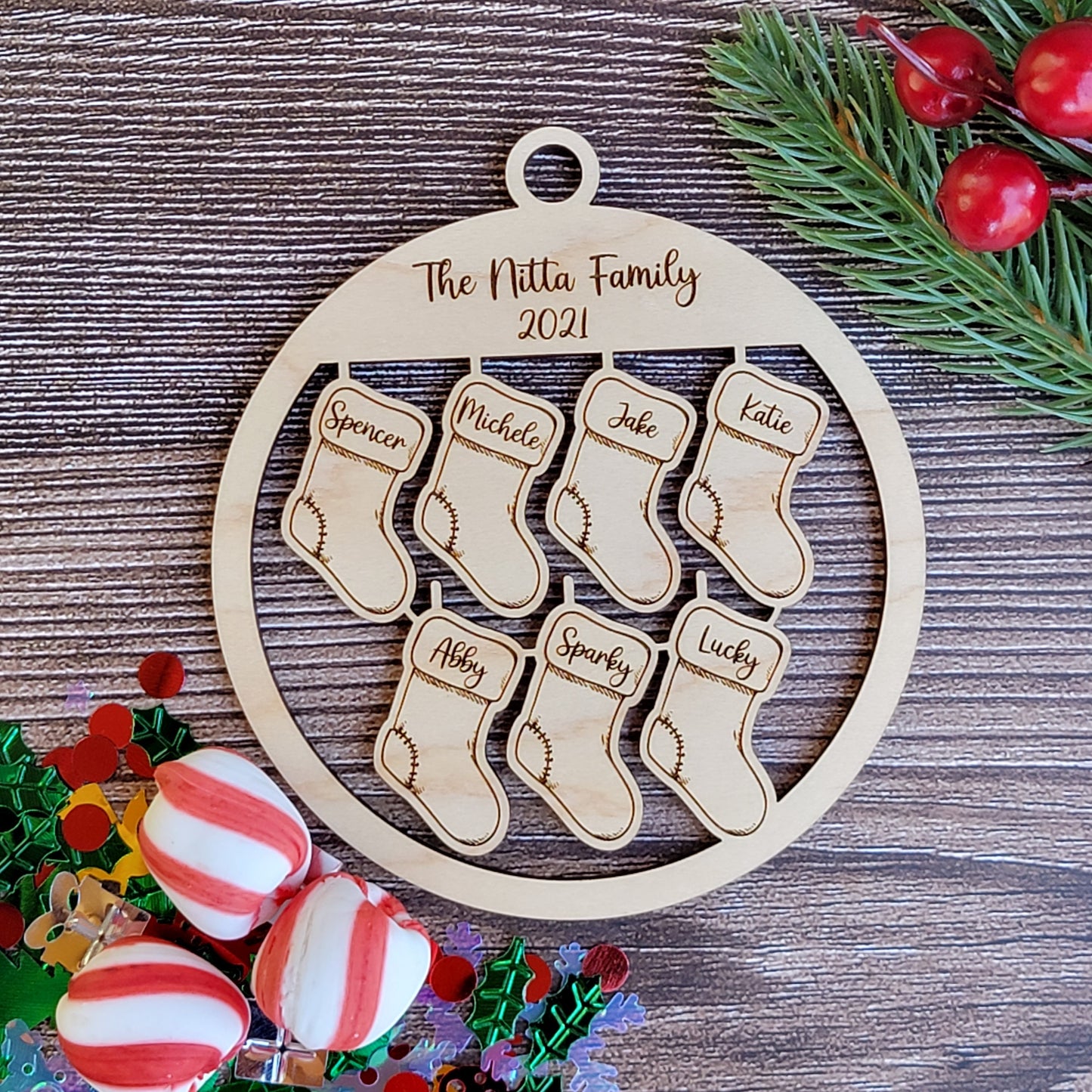 Christmas Stocking Custom Family Ornament, Personalized  up to 7 names, stockings  in Maple