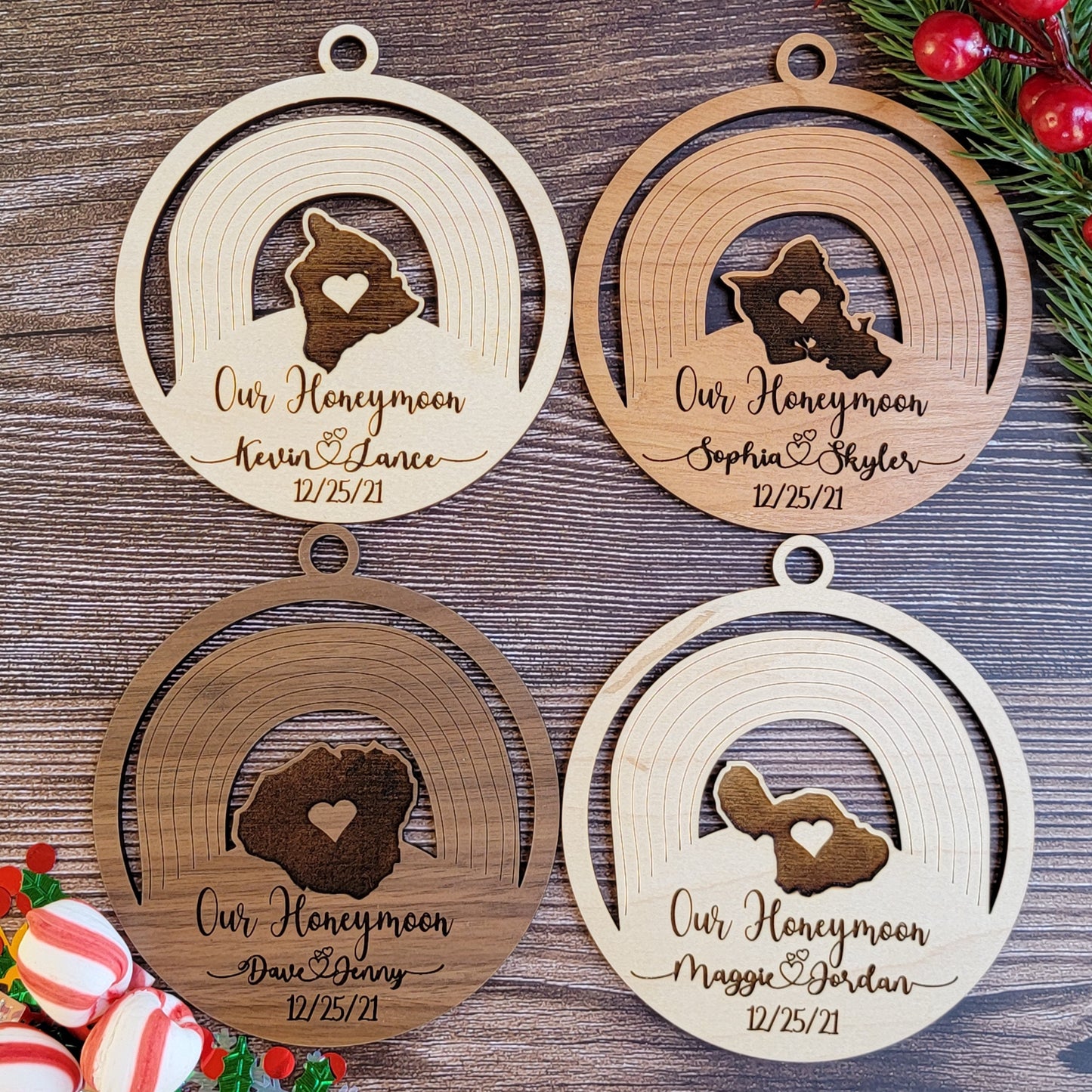 Personalized Our Honeymoon - Hawaiian Island Shape Ornament - Choice of Maple, Cherry, or Walnut Personalized