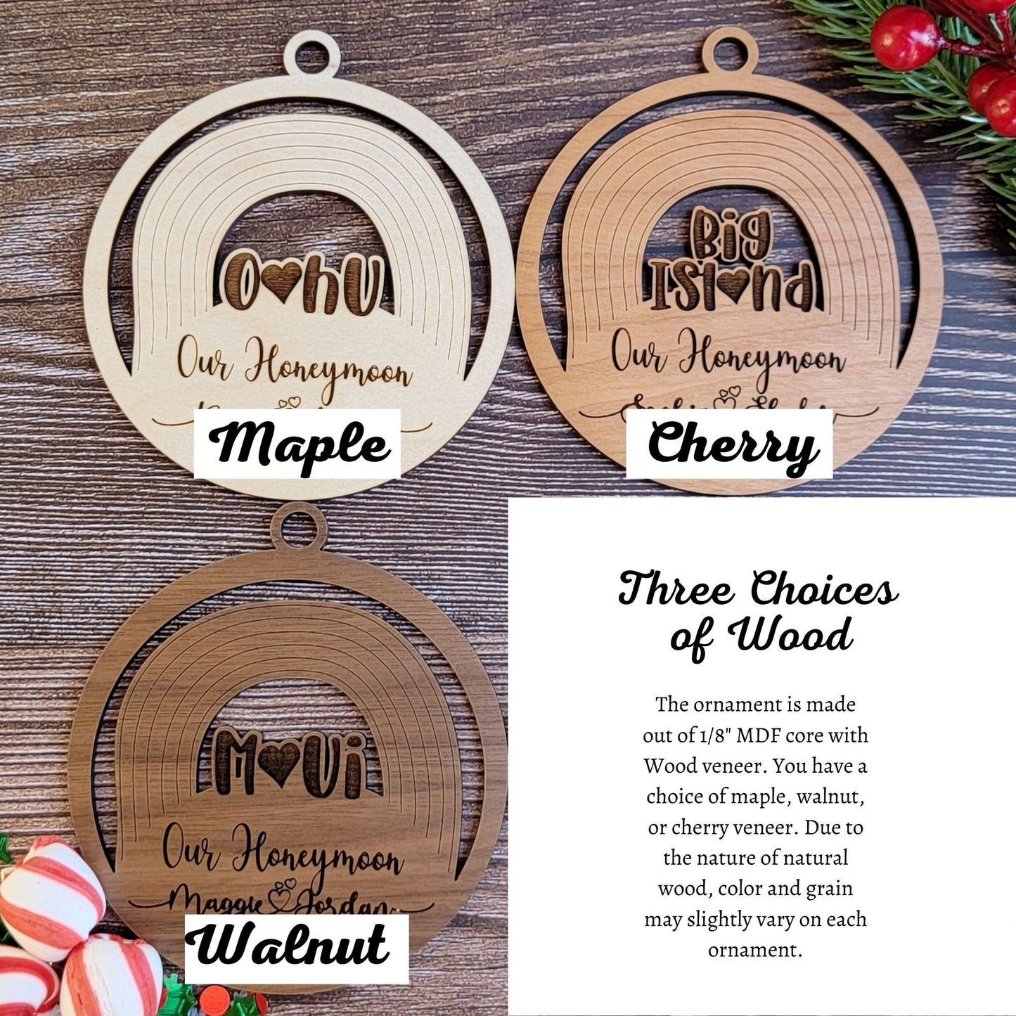 Personalized Our Honeymoon - Hawaiian Islands Ornament - Choice of Maple, Cherry, or Walnut Personalized