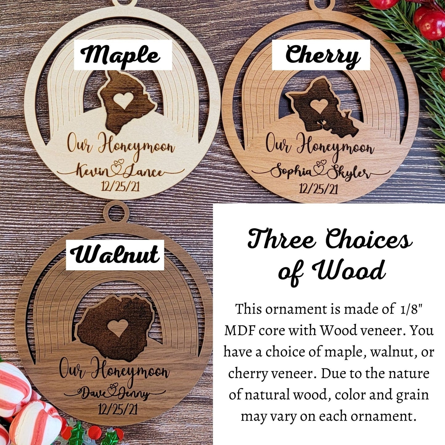 Personalized Our Honeymoon - Hawaiian Island Shape Ornament - Choice of Maple, Cherry, or Walnut Personalized