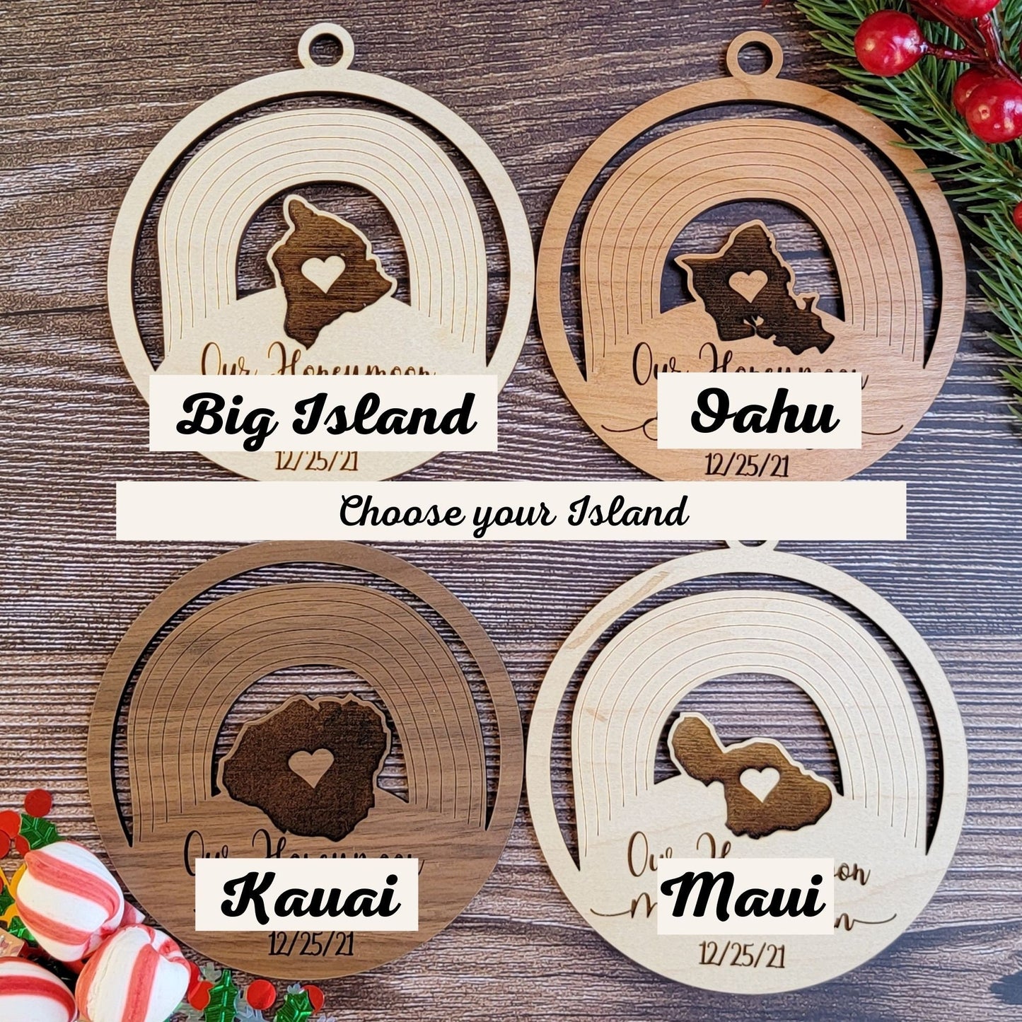 Personalized Our Honeymoon - Hawaiian Island Shape Ornament - Choice of Maple, Cherry, or Walnut Personalized