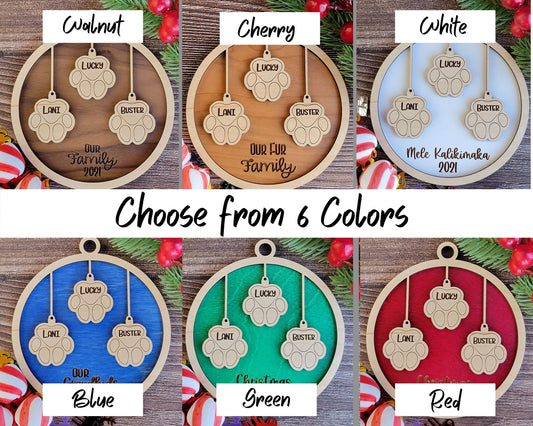 Our Fur Family Ornament, Up to 8 names, Christmas Ornament in Maple and Choice of Walnut, Cherry, Red, Green, White, or Blue - Personalized