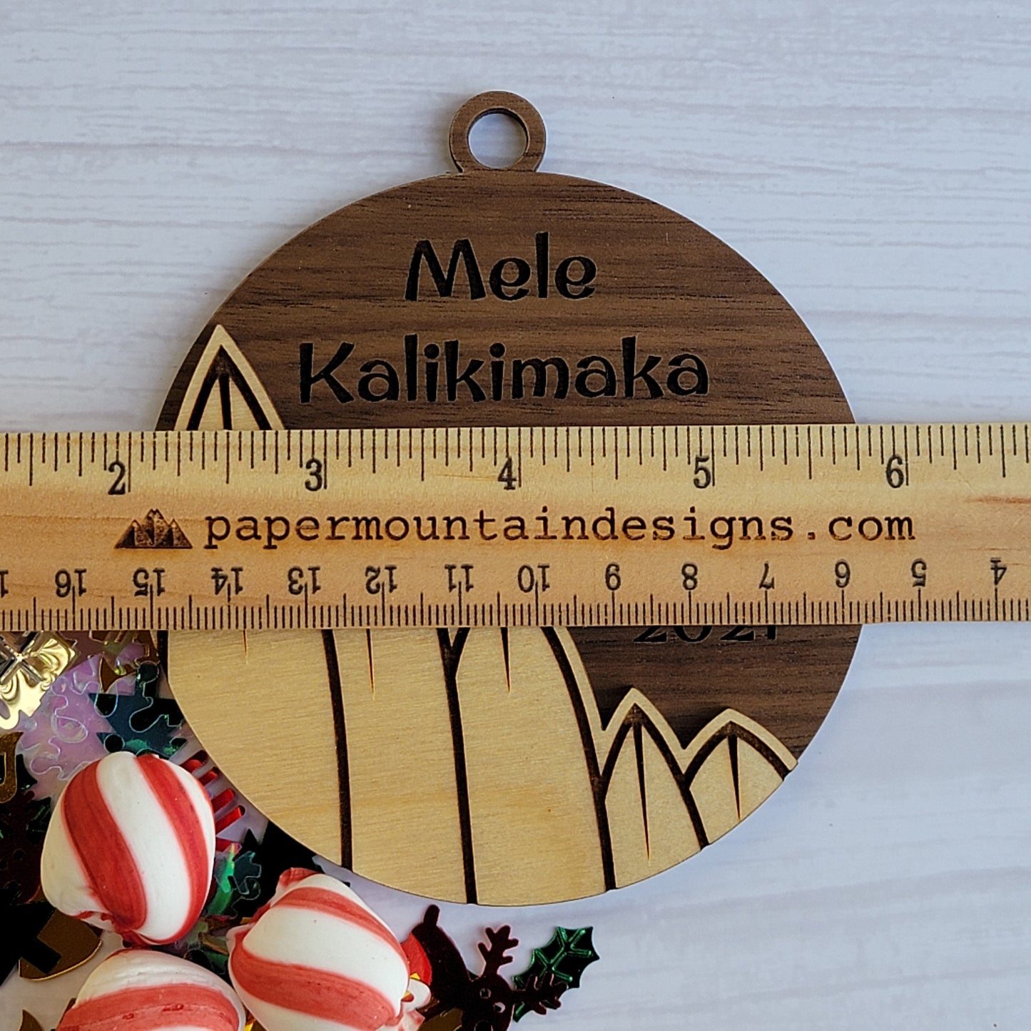 Personalized Surfboard with Walnut Background - Christmas Ornament - Hawaii, Surfboard, Ocean, Beach