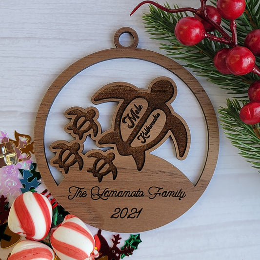 Personalized Honu - Mele Kalikimaka (Custom Year) Ornament in Walnut