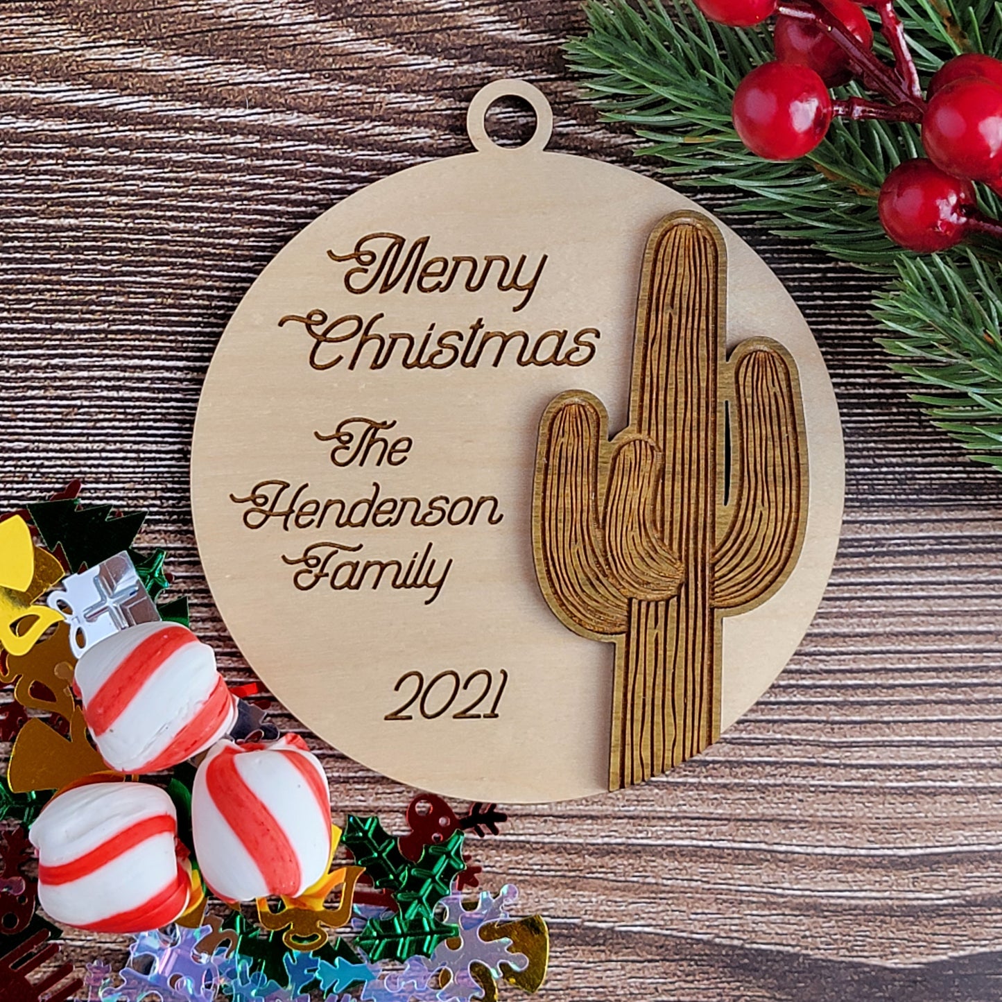 Personalized Saguaro Cactus with Maple Background - Christmas Ornament - Desert, Arizona, California, Nevada, Texas, New Mexico