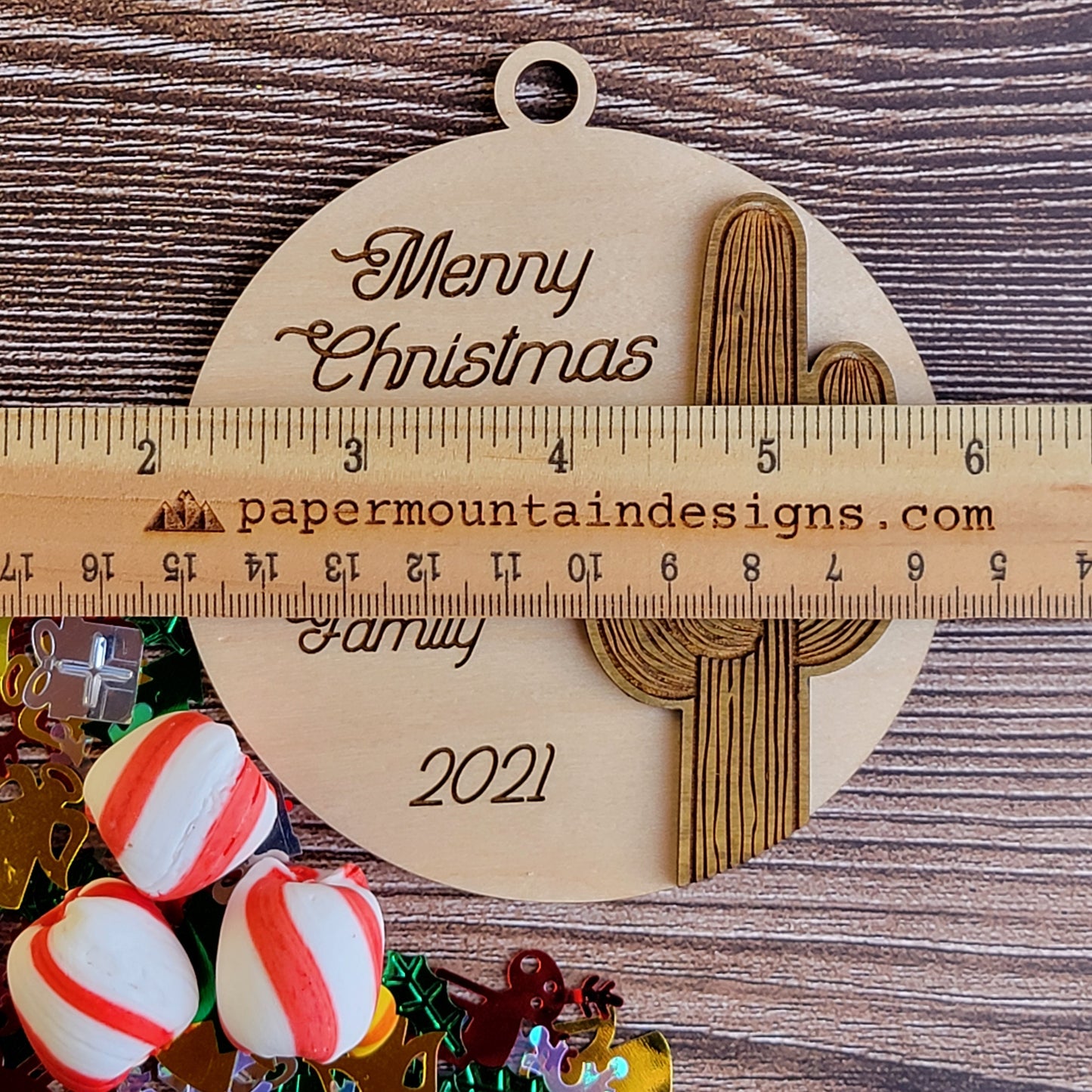 Personalized Saguaro Cactus with Maple Background - Christmas Ornament - Desert, Arizona, California, Nevada, Texas, New Mexico