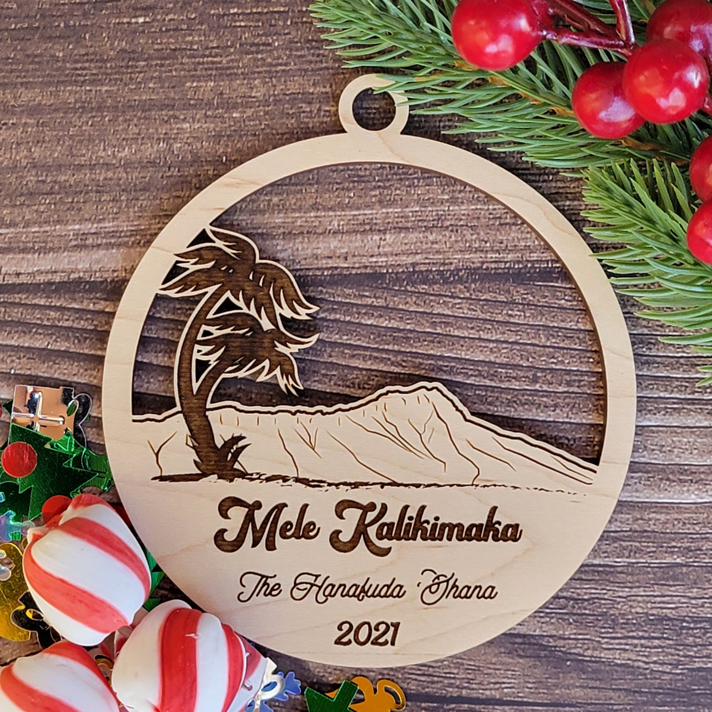 Diamond Head with Palm Tree - Mele Kalikimaka Custom Ornament in Maple Personalized