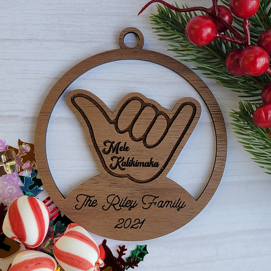 Shaka Mele Kalikimaka Custom Year Ornament in Walnut Personalized