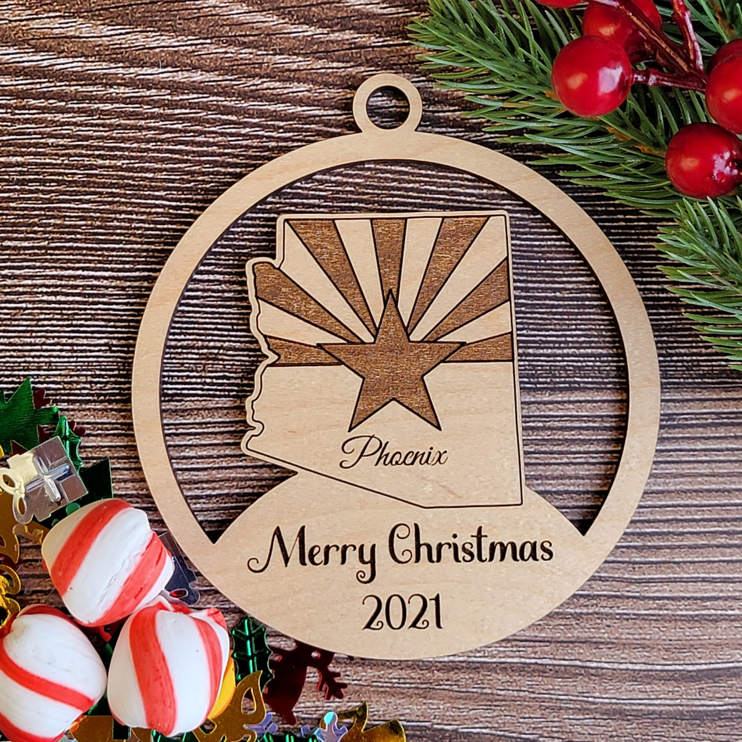 Arizona Christmas Ornament - Customize with your town - Arizona Flag State Shape Cutout