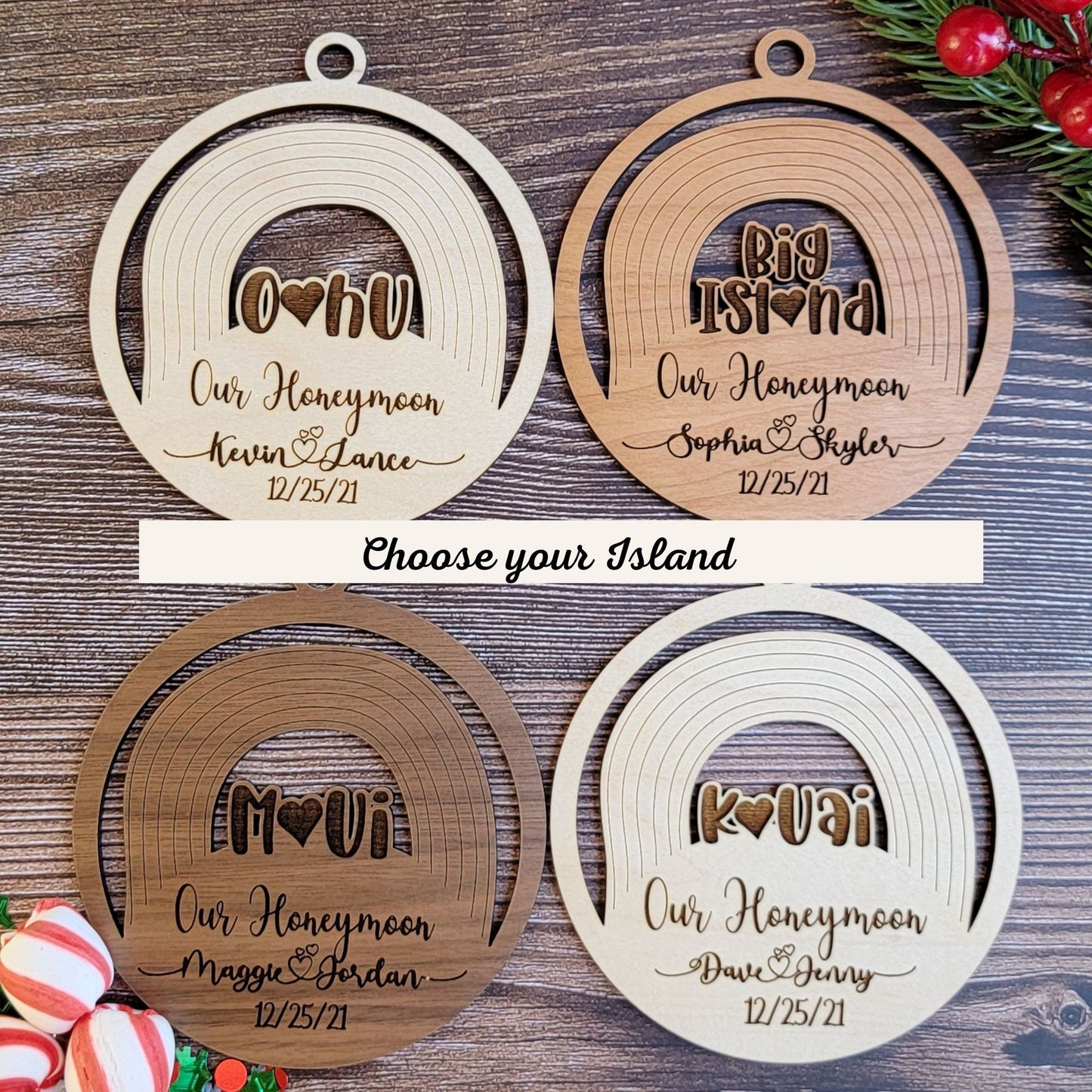 Personalized Our Honeymoon - Hawaiian Islands Ornament - Choice of Maple, Cherry, or Walnut Personalized