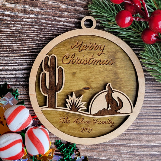 Personalized Desert Scene on Moss Green Background - Christmas Ornament - Coyote and Saguaro, Cactus