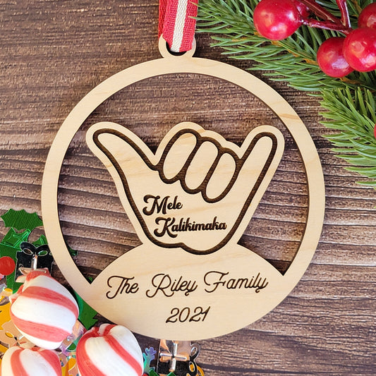 Shaka Mele Kalikimaka Custom Year Ornament in Maple Personalized