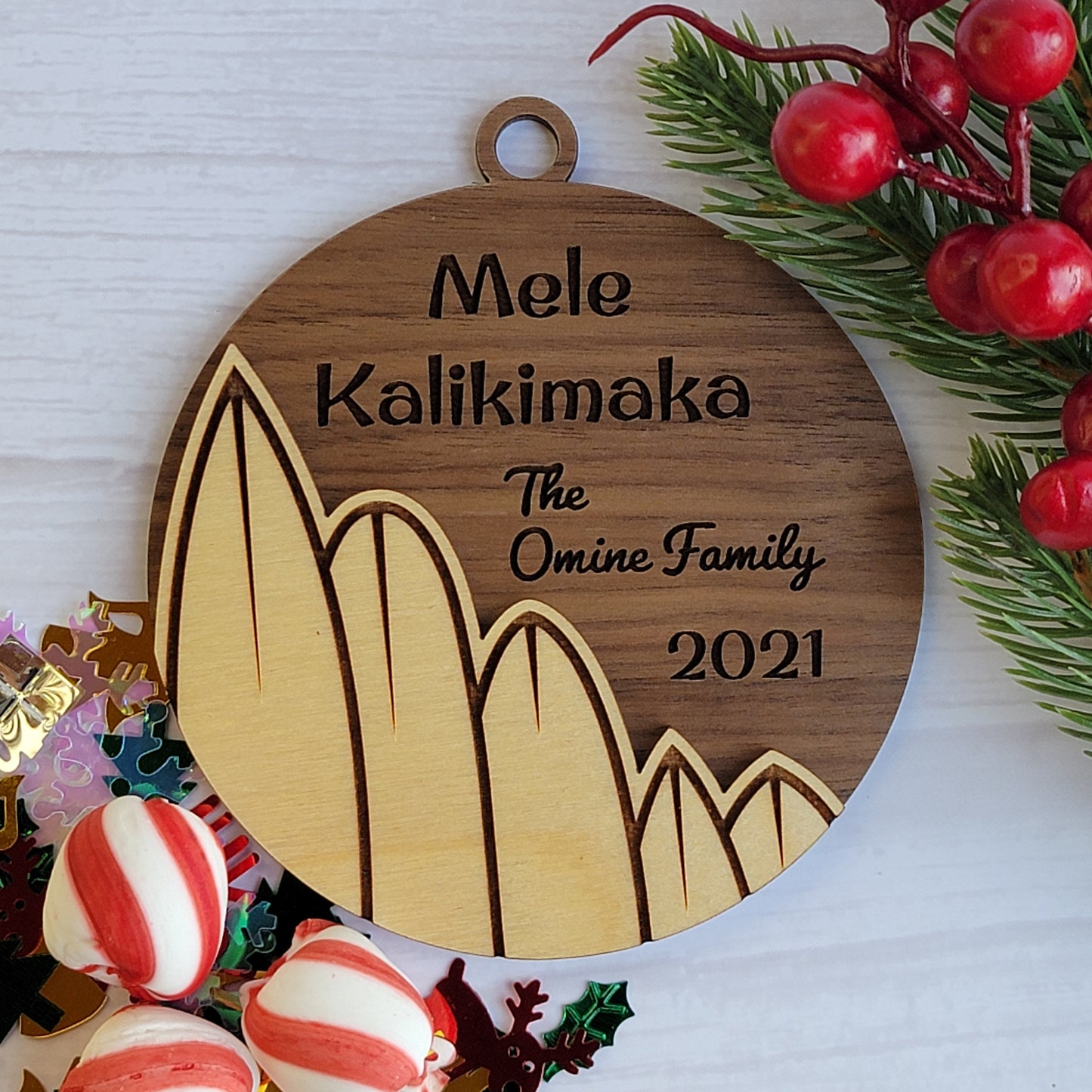 Personalized Surfboard with Walnut Background - Christmas Ornament - Hawaii, Surfboard, Ocean, Beach