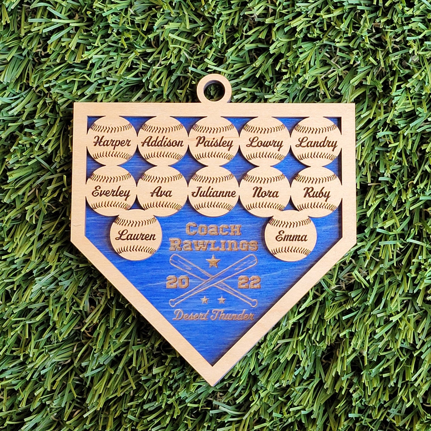 Personalized Baseball Softball Team Keepsake Ornament Up to 8-14 names with Maple & Choice of Walnut, Cherry, Red, Green, or Blue Background