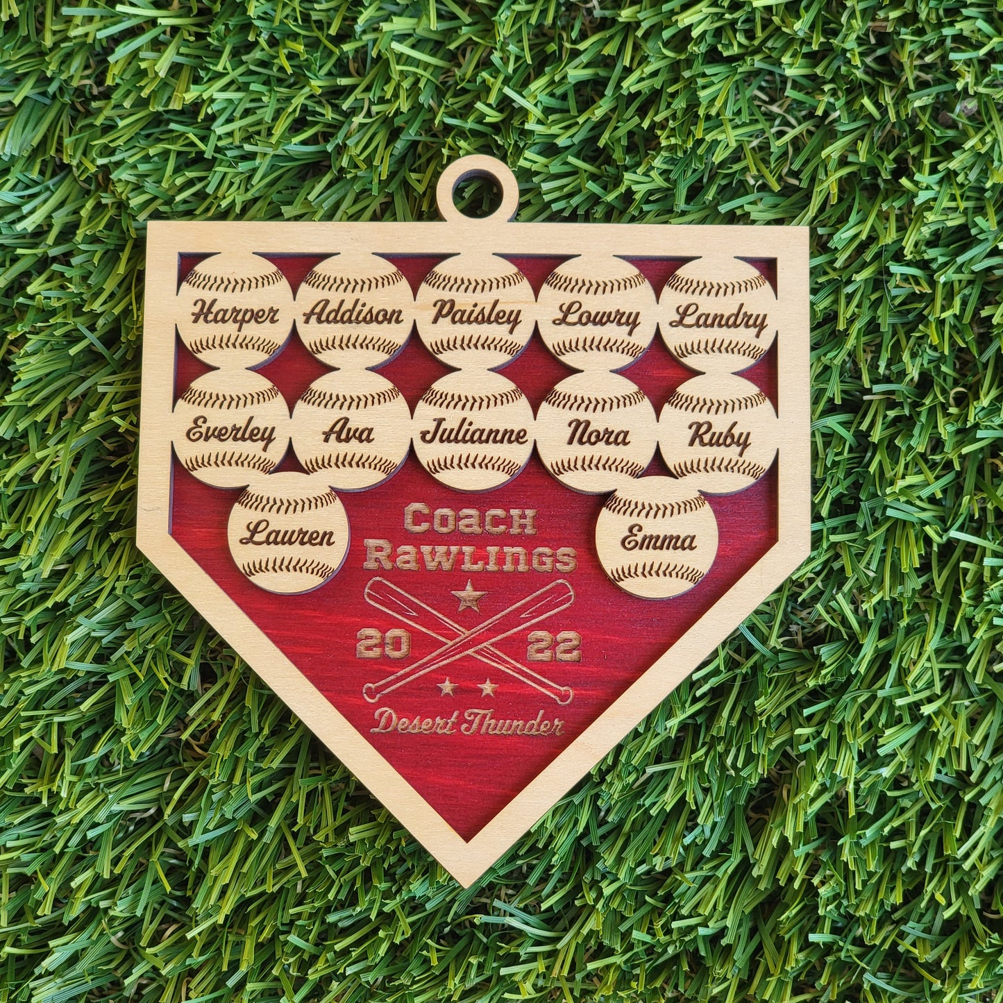 Personalized Baseball Softball Team Keepsake Ornament Up to 8-14 names with Maple & Choice of Walnut, Cherry, Red, Green, or Blue Background