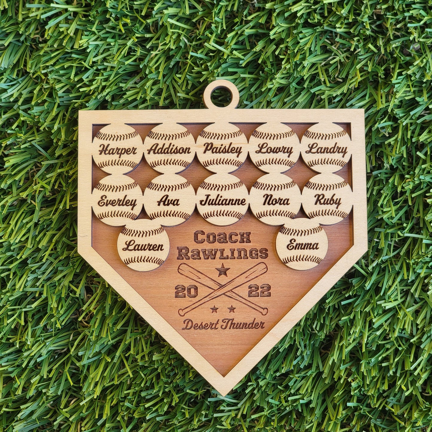 Personalized Baseball Softball Team Keepsake Ornament Up to 8-14 names with Maple & Choice of Walnut, Cherry, Red, Green, or Blue Background