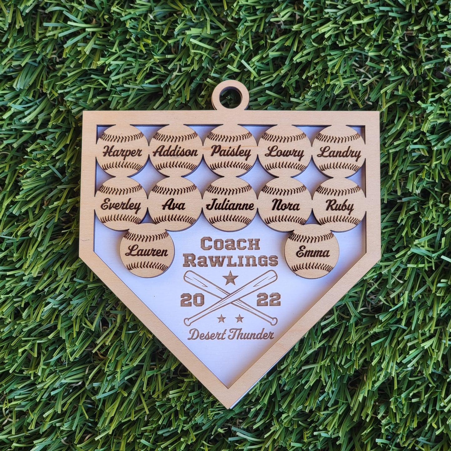 Personalized Baseball Softball Team Keepsake Ornament Up to 8-14 names with Maple & Choice of Walnut, Cherry, Red, Green, or Blue Background