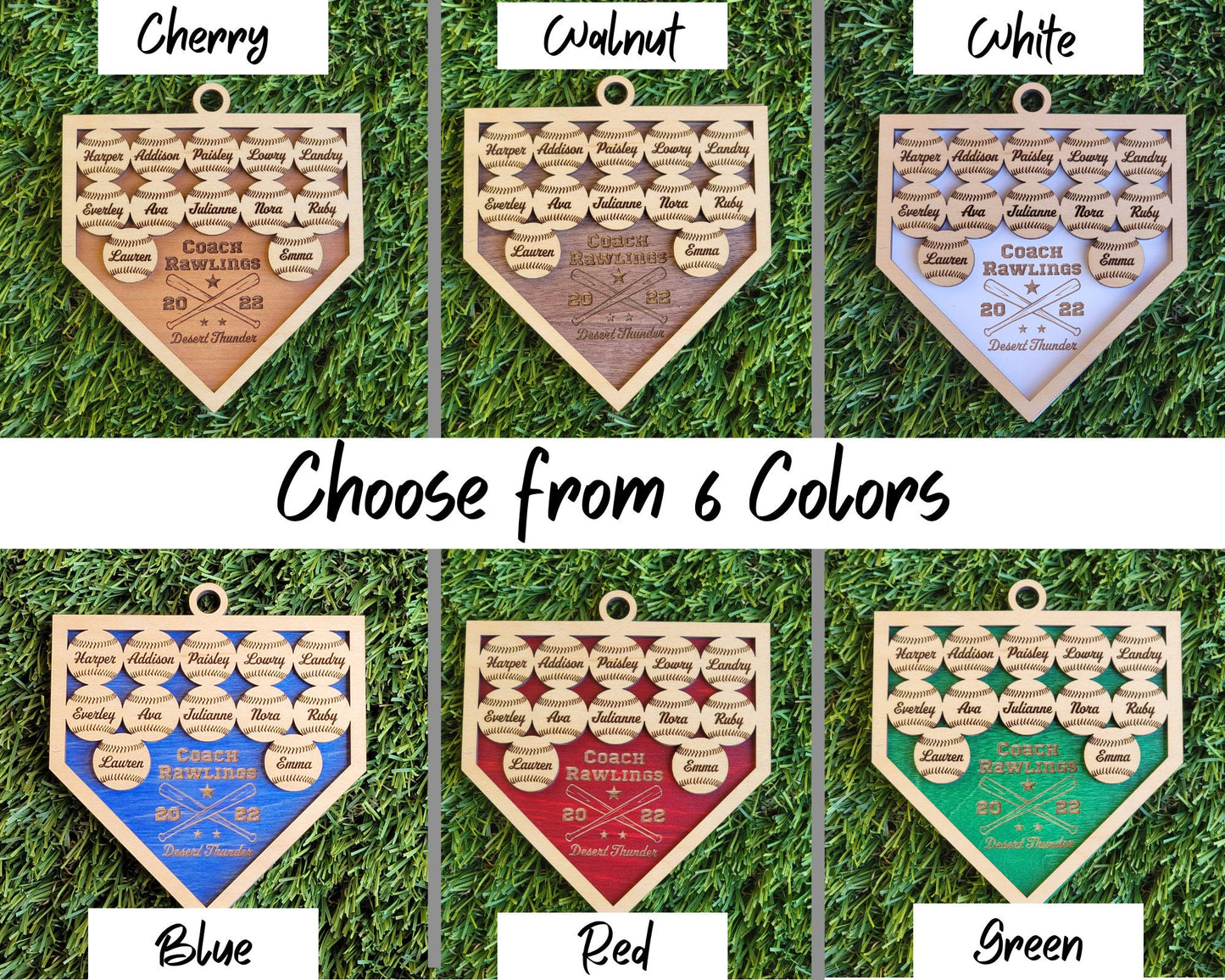 Personalized Baseball Softball Team Keepsake Ornament Up to 8-14 names with Maple & Choice of Walnut, Cherry, Red, Green, or Blue Background