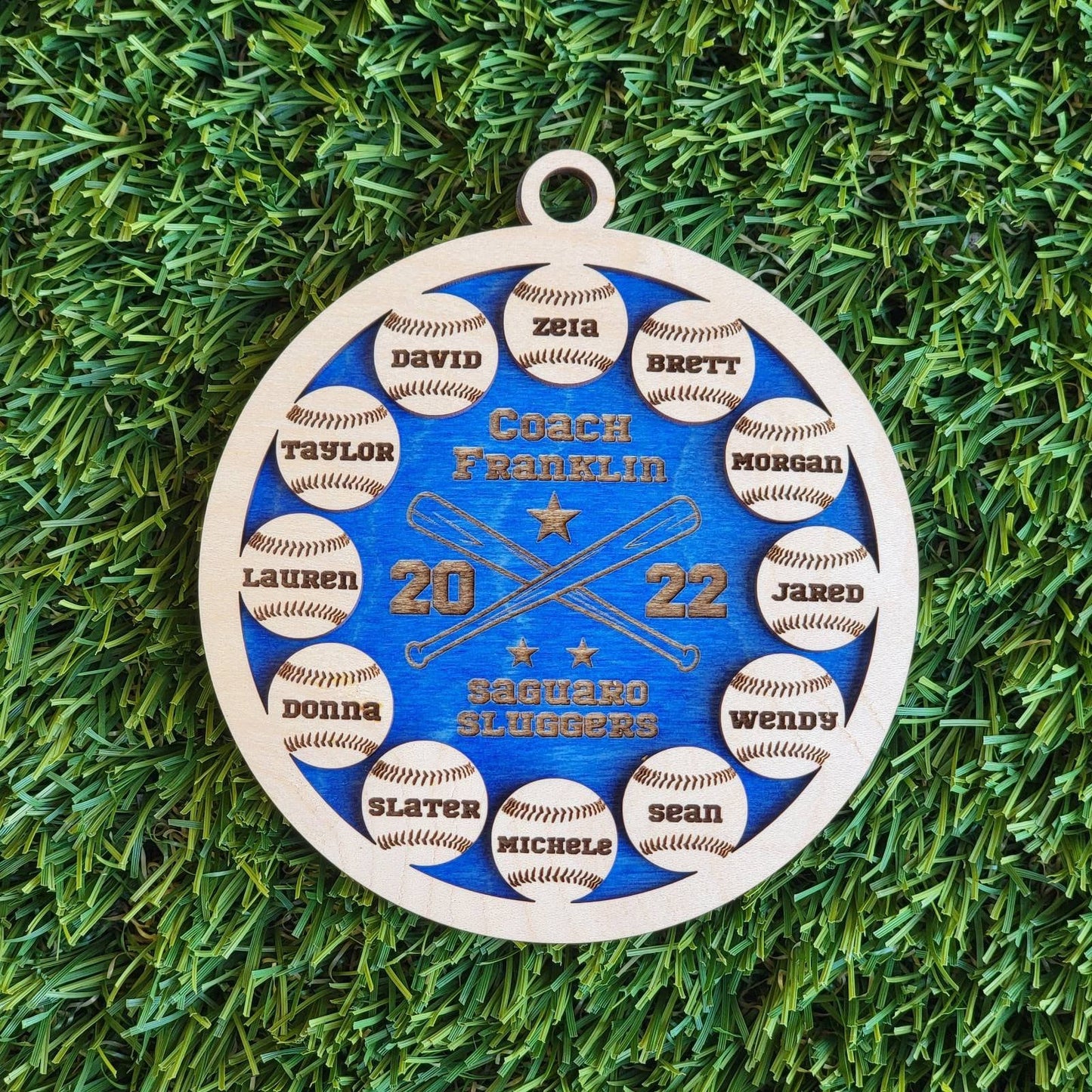 Personalized Baseball Softball Team Keepsake Ornament Up to 12 names with Maple & Choice of Walnut, Cherry, Red, Green, or Blue Background