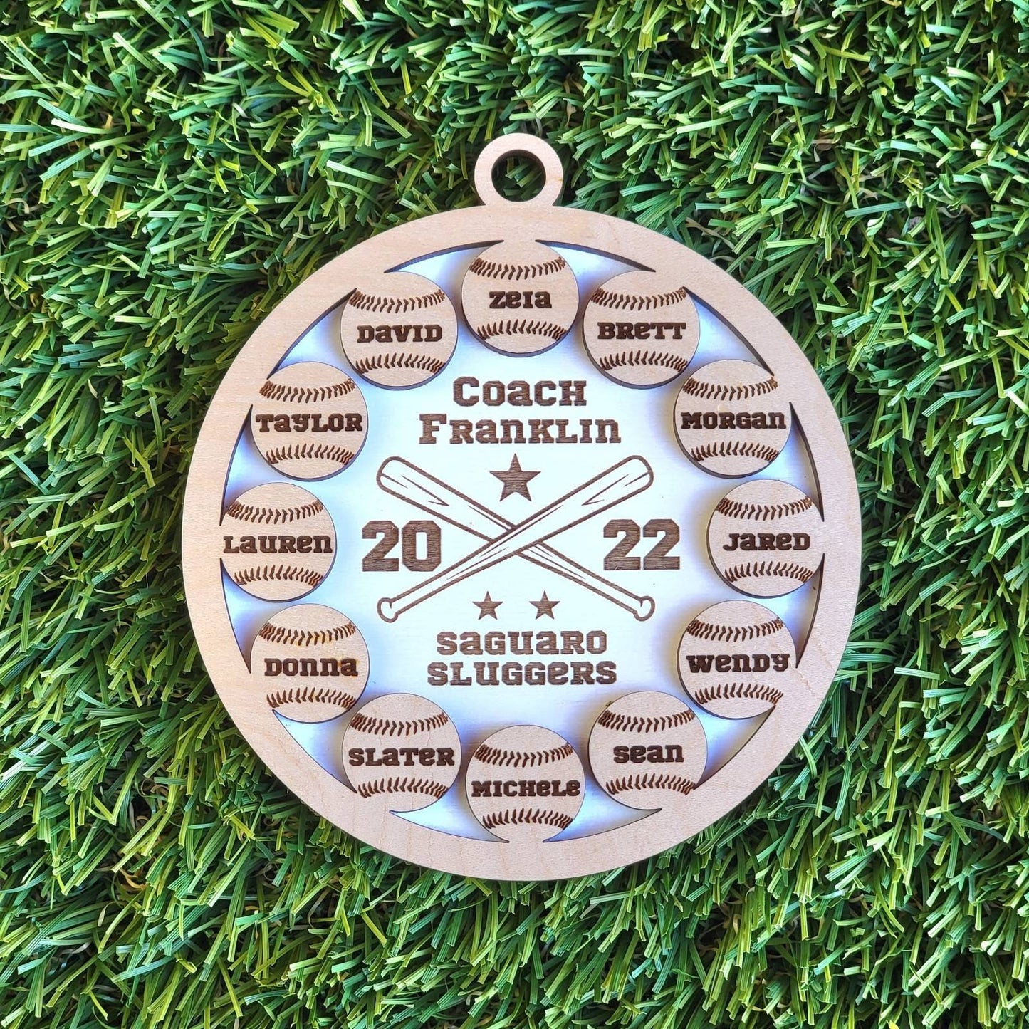 Personalized Baseball Softball Team Keepsake Ornament Up to 12 names with Maple & Choice of Walnut, Cherry, Red, Green, or Blue Background