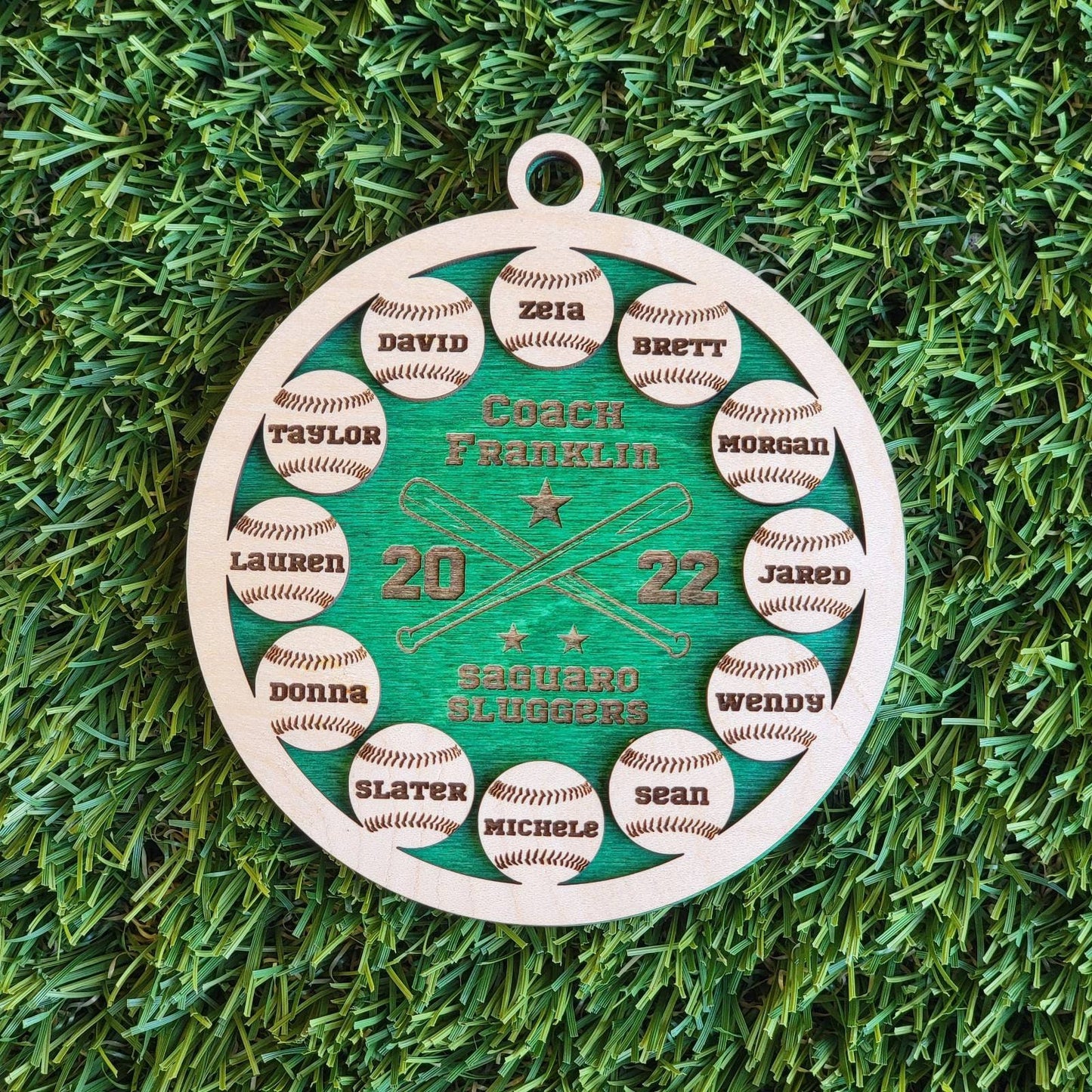 Personalized Baseball Softball Team Keepsake Ornament Up to 12 names with Maple & Choice of Walnut, Cherry, Red, Green, or Blue Background