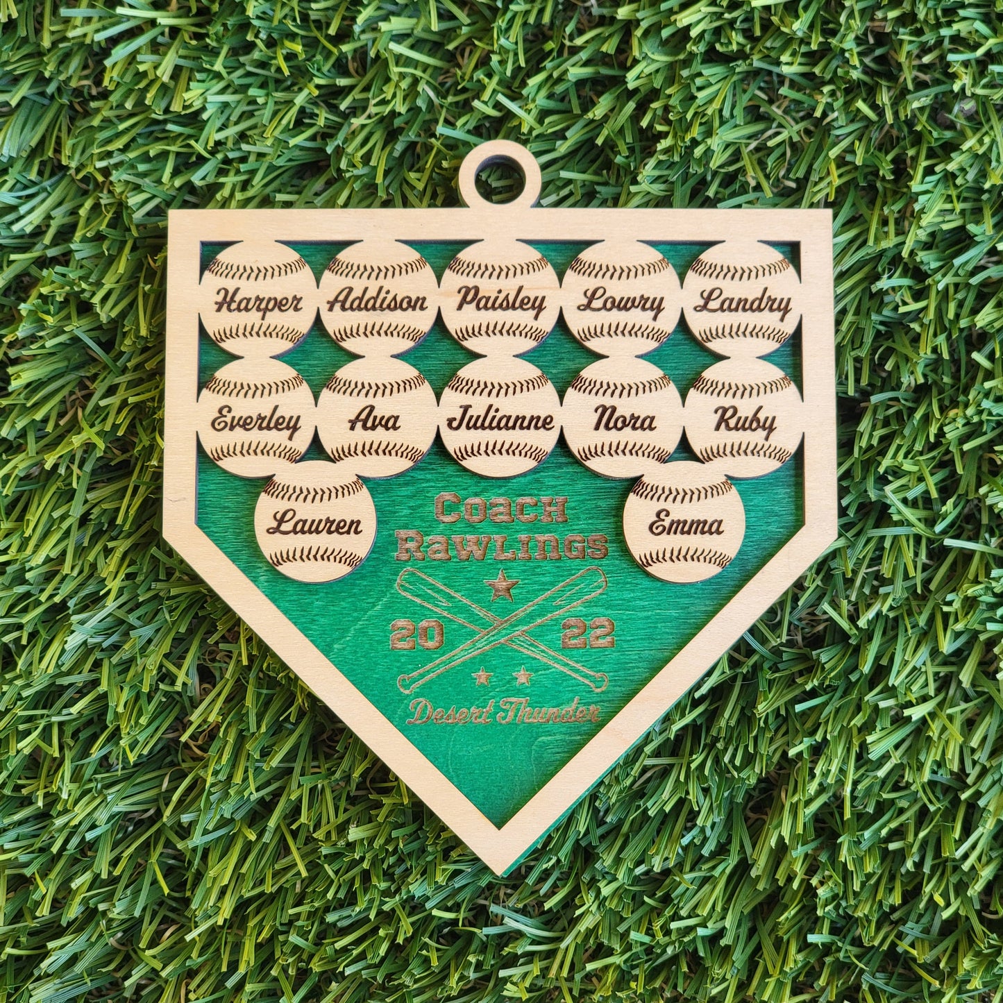 Personalized Baseball Softball Team Keepsake Ornament Up to 8-14 names with Maple & Choice of Walnut, Cherry, Red, Green, or Blue Background