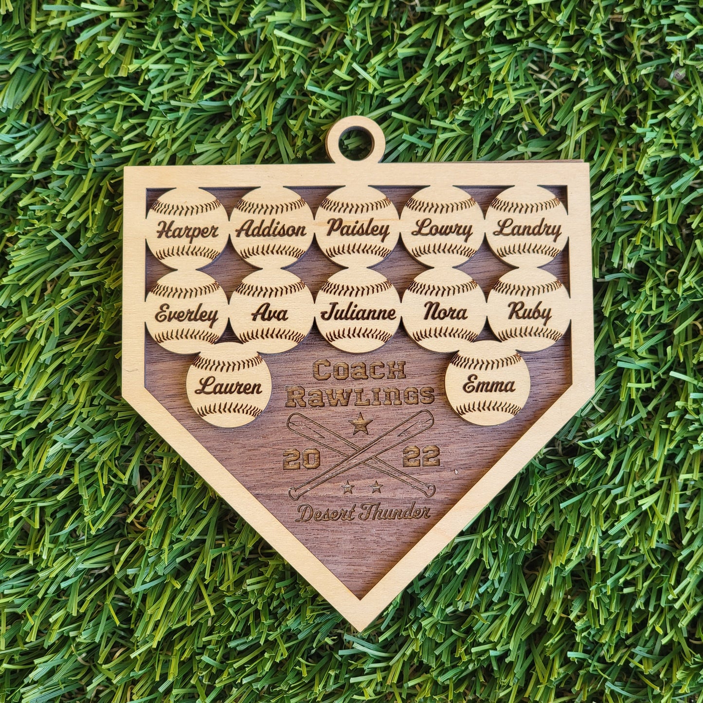 Personalized Baseball Softball Team Keepsake Ornament Up to 8-14 names with Maple & Choice of Walnut, Cherry, Red, Green, or Blue Background