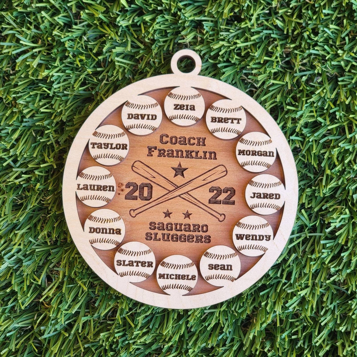 Personalized Baseball Softball Team Keepsake Ornament Up to 12 names with Maple & Choice of Walnut, Cherry, Red, Green, or Blue Background