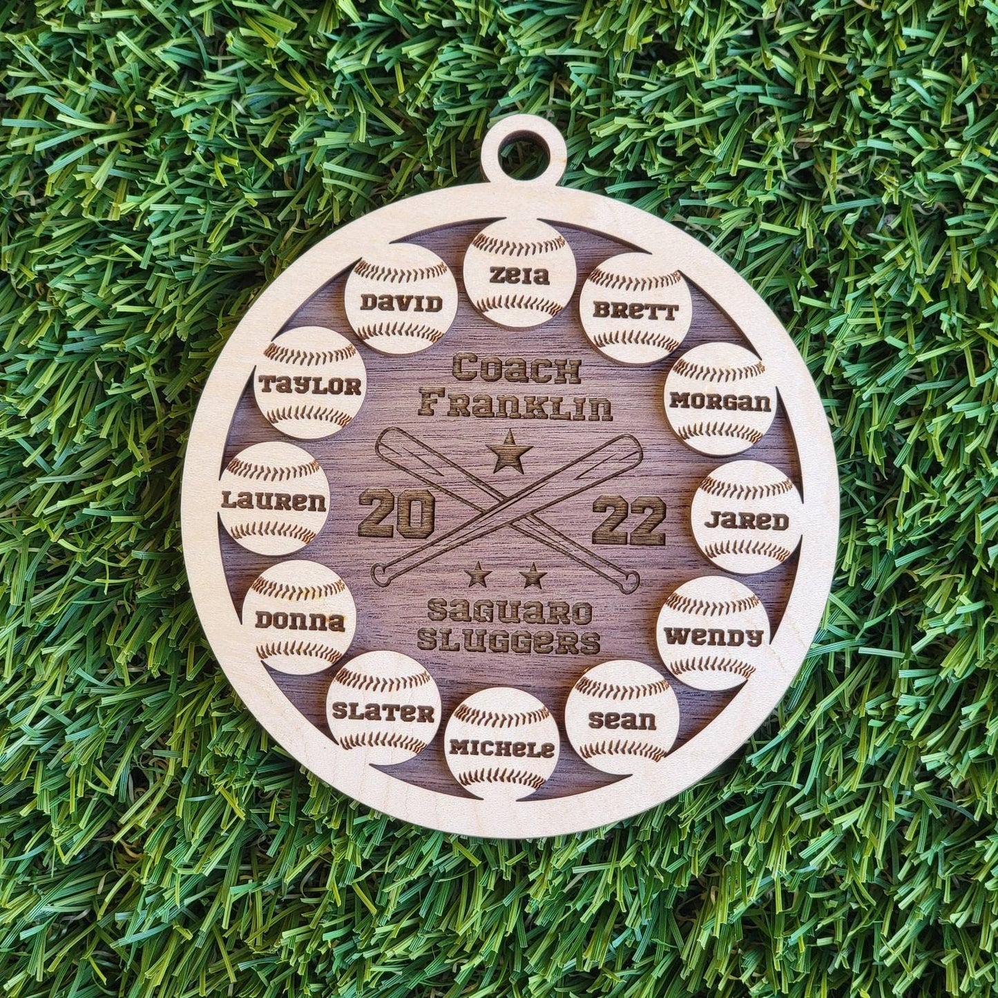 Personalized Baseball Softball Team Keepsake Ornament Up to 12 names with Maple & Choice of Walnut, Cherry, Red, Green, or Blue Background