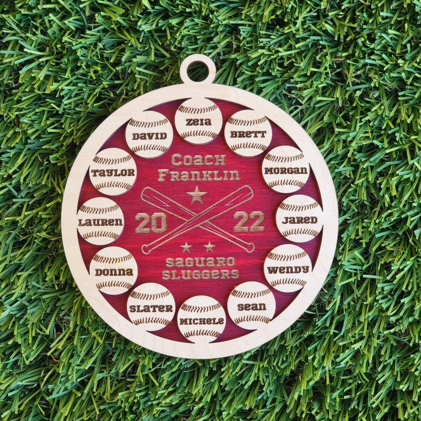 Personalized Baseball Softball Team Keepsake Ornament Up to 12 names with Maple & Choice of Walnut, Cherry, Red, Green, or Blue Background